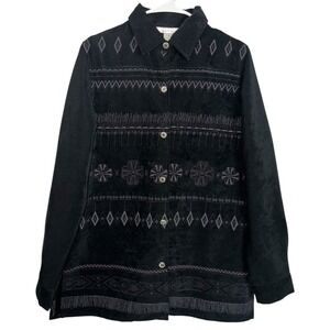 Susan Graver Style Black Purple  Faux Suede Aztec Floral Button Top Womens Small